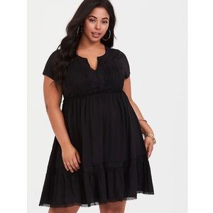 Torrid black challis lace pleated neck dress